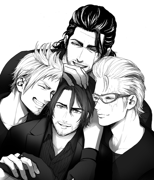 4boys, beard, facial_hair, final_fantasy, final_fantasy_xv, gladiolus_amicitia, glasses, goatee, ignis_scientia, looking_at_viewer, male_focus, monochrome, multiple_boys, noctis_lucis_caelum, older, one_eye_closed, prompto_argentum, scar, setsu-st, smile, spoilers