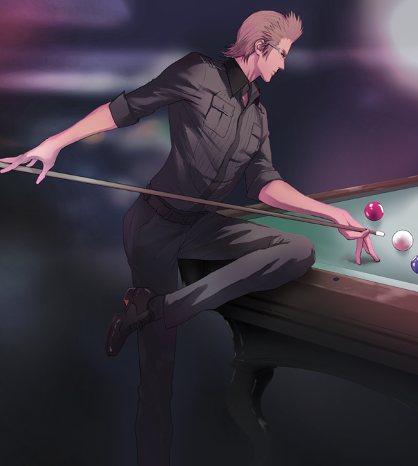 1boy, blurry, blurry_background, brown_hair, cue_stick, final_fantasy, final_fantasy_xv, glasses