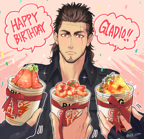 1boy, birthday, brown_hair, egg, final_fantasy, final_fantasy_xv, food, gladiolus_amicitia