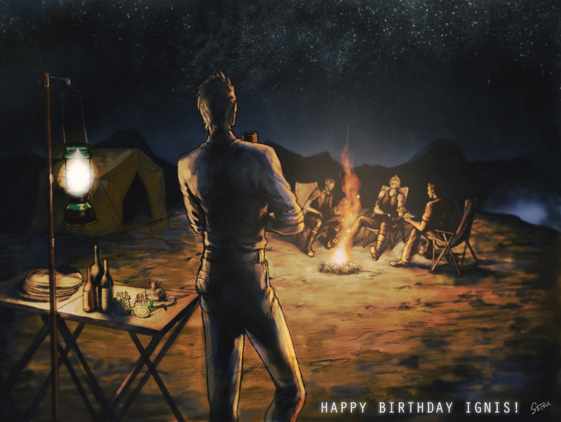 4boys, campfire, final_fantasy, final_fantasy_xv, from_behind, gladiolus_amicitia, happy_birthday, ignis_scientia