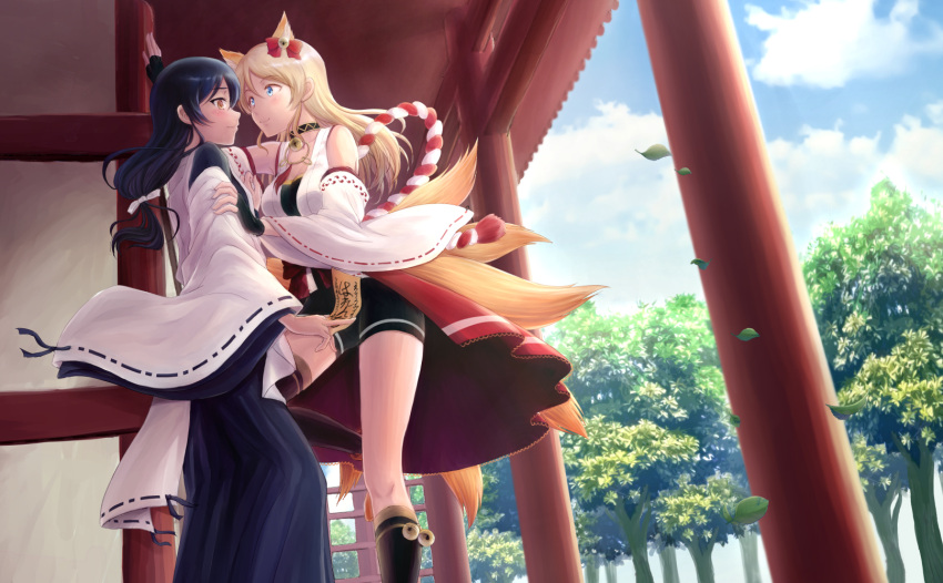 2girls, ayase_eli, bangs, bell, bike_shorts, blonde_hair, blue_eyes, blue_hair