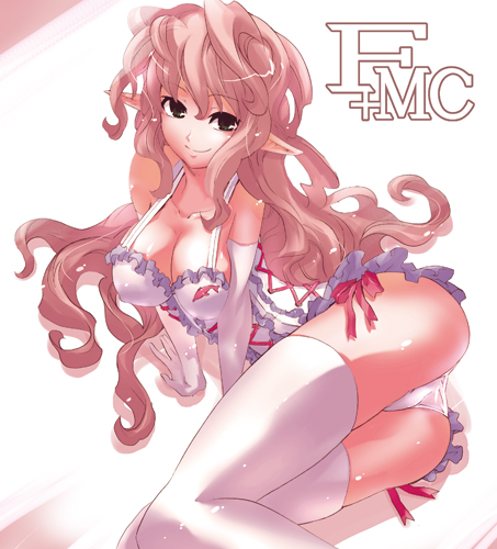 brown_eyes, cleavage, corset, elbow_gloves, elf, gloves, long_hair, lowres