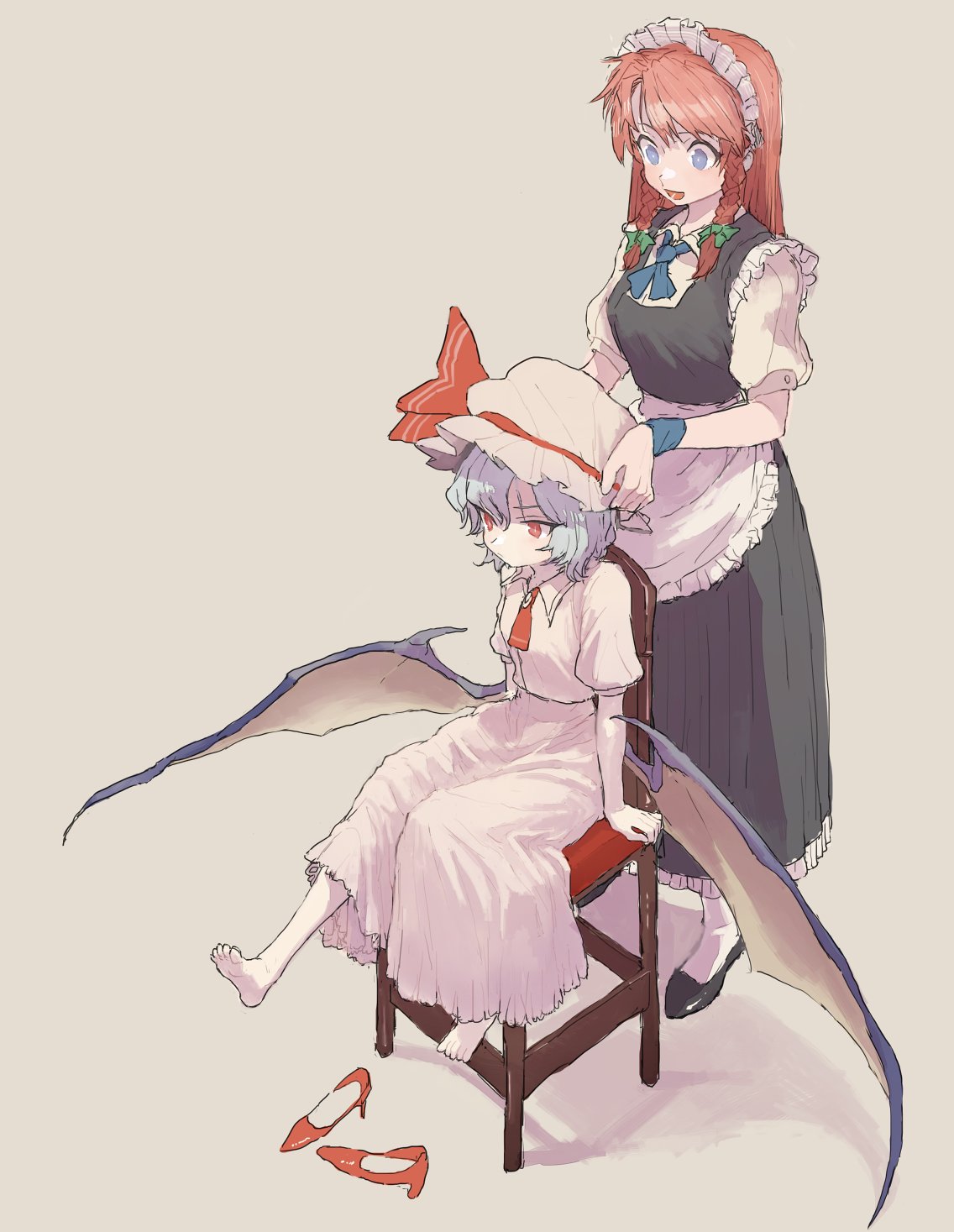 2girls, alternate_costume, apron, barefoot, bat_wings, black_dress, black_footwear, blue_eyes