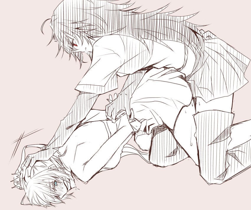2girls, ahoge, blue_eyes, bound, bound_wrists, commentary_request, gagged, long_hair