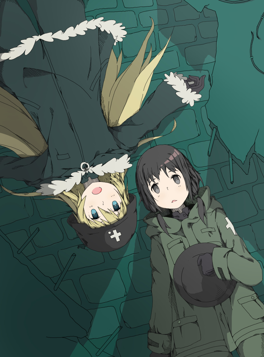 2girls, absurdres, black_eyes, black_hair, blonde_hair, blue_eyes, chito_(shoujo_shuumatsu_ryokou), fur_trim, headwear_removed, helmet, helmet_removed, highres, long_hair, military, military_uniform, multiple_girls, randomnpc, short_hair, shoujo_shuumatsu_ryokou, uniform, winter_clothes, yuuri_(shoujo_shuumatsu_ryokou)