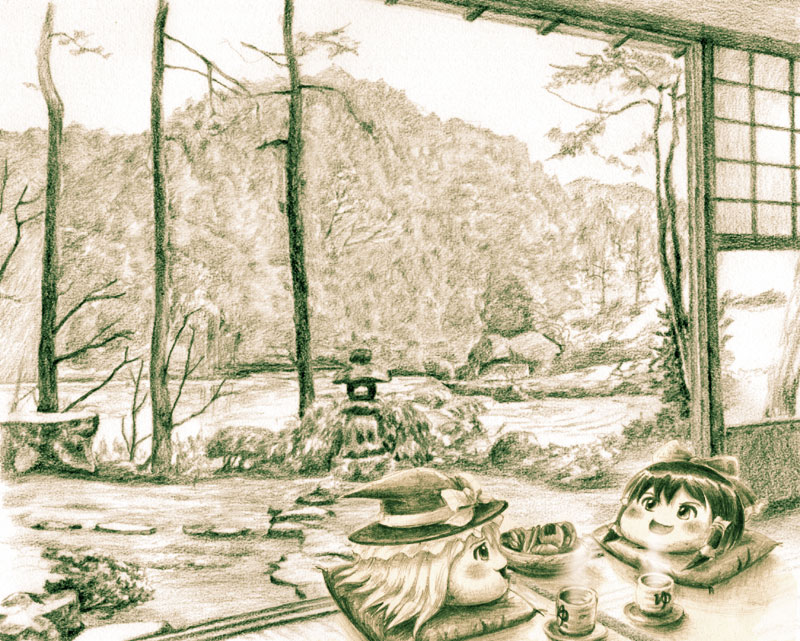 bow, hair_bow, hair_tubes, hakurei_reimu, hat, hat_bow, kirisame_marisa, monochrome, mountain, murasaki-no, nature, pillow, scenery, senbei, sepia, shouji, sliding_doors, stone_lantern, tatami, tea, touhou, traditional_media, witch_hat, yukkuri_shiteitte_ne