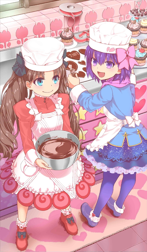 2girls, apron, black_bow, blue_eyes, blue_jacket, bow, brown_hair, chef_hat