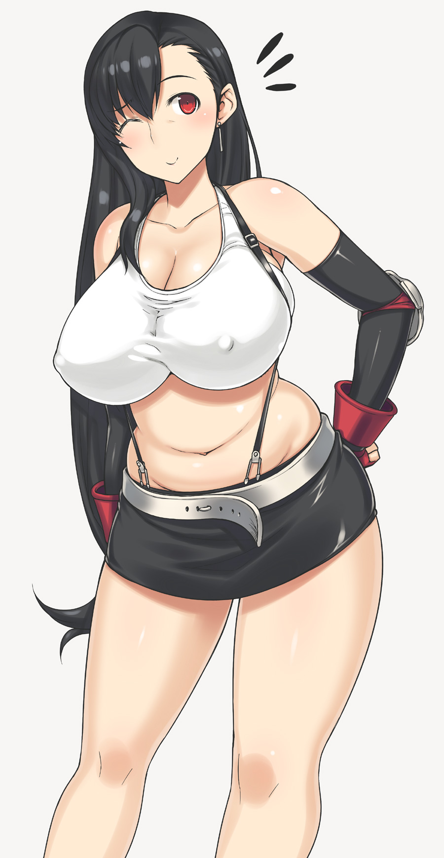 1girl, belly, belt, black_hair, blush, breasts, cleavage, darabuchi