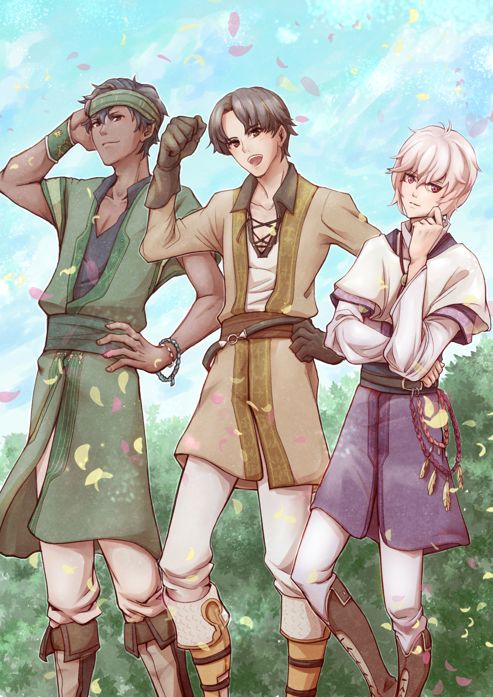 3boys, aoi_(xxxaoi), black_hair, boots, bracelet, brown_hair, dark_skin, fire_emblem