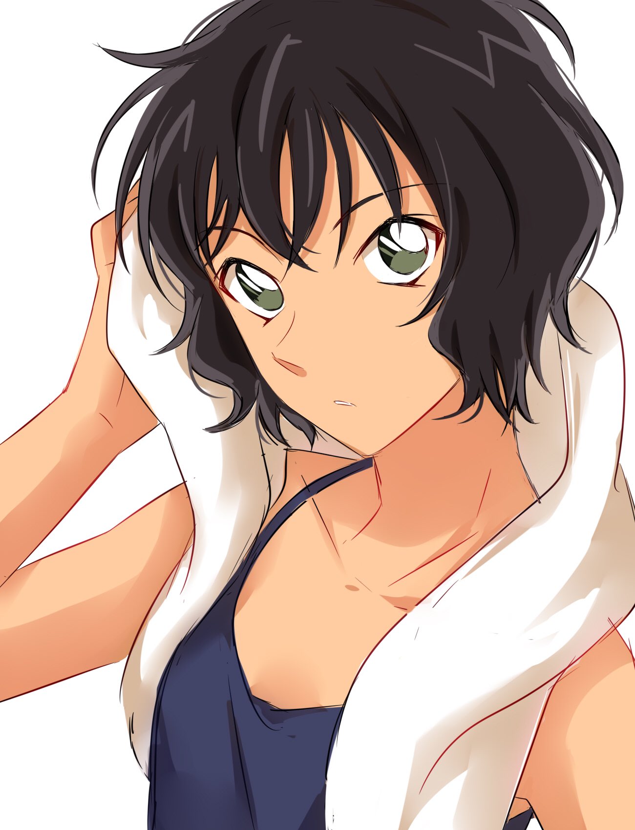 1girl, bangs, bare_arms, bare_shoulders, black_hair, camisole, character_request, copyright_check, eyebrows_visible_through_hair, green_eyes, hand_up, highres, looking_at_viewer, meitantei_conan, parted_lips, sekina, short_hair, simple_background, solo, towel, towel_around_neck, upper_body, white_background