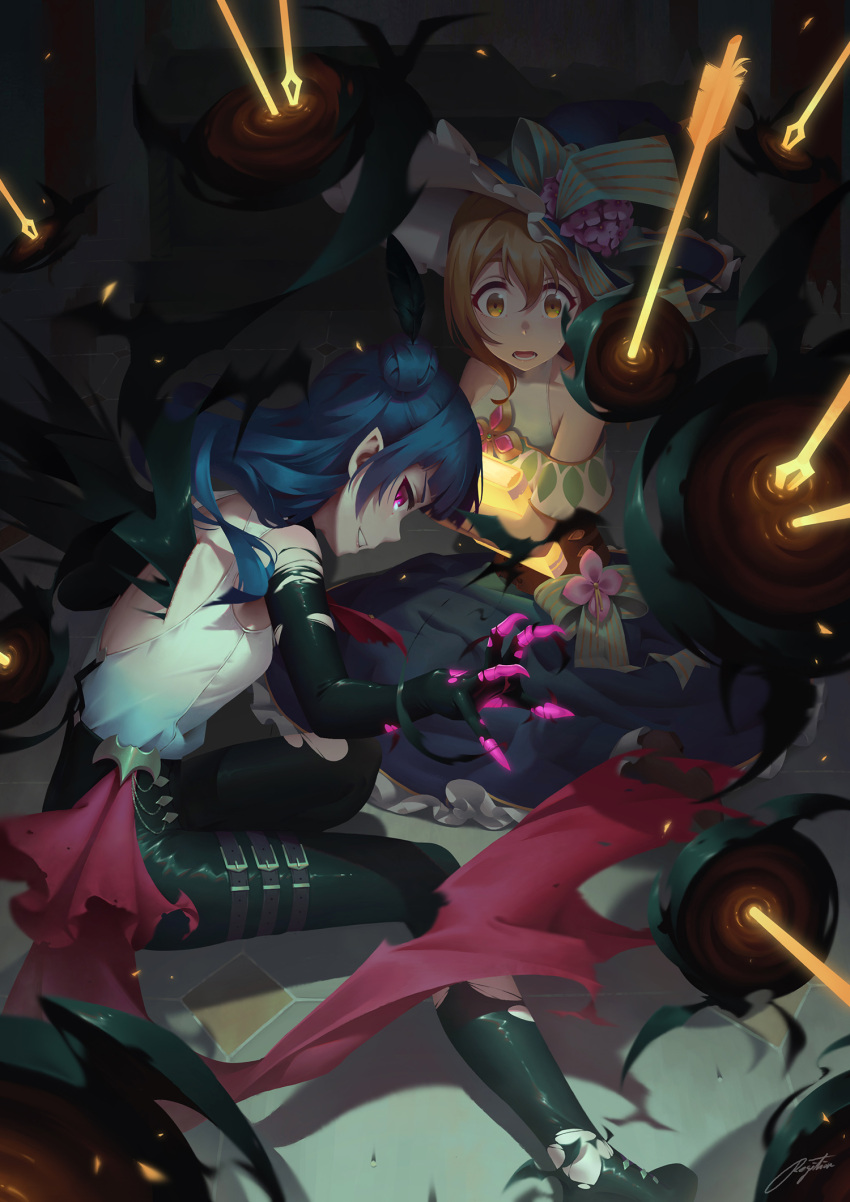 2girls, alternate_costume, black_hair, black_wings, blue_hair, brown_eyes, brown_hair, elbow_gloves