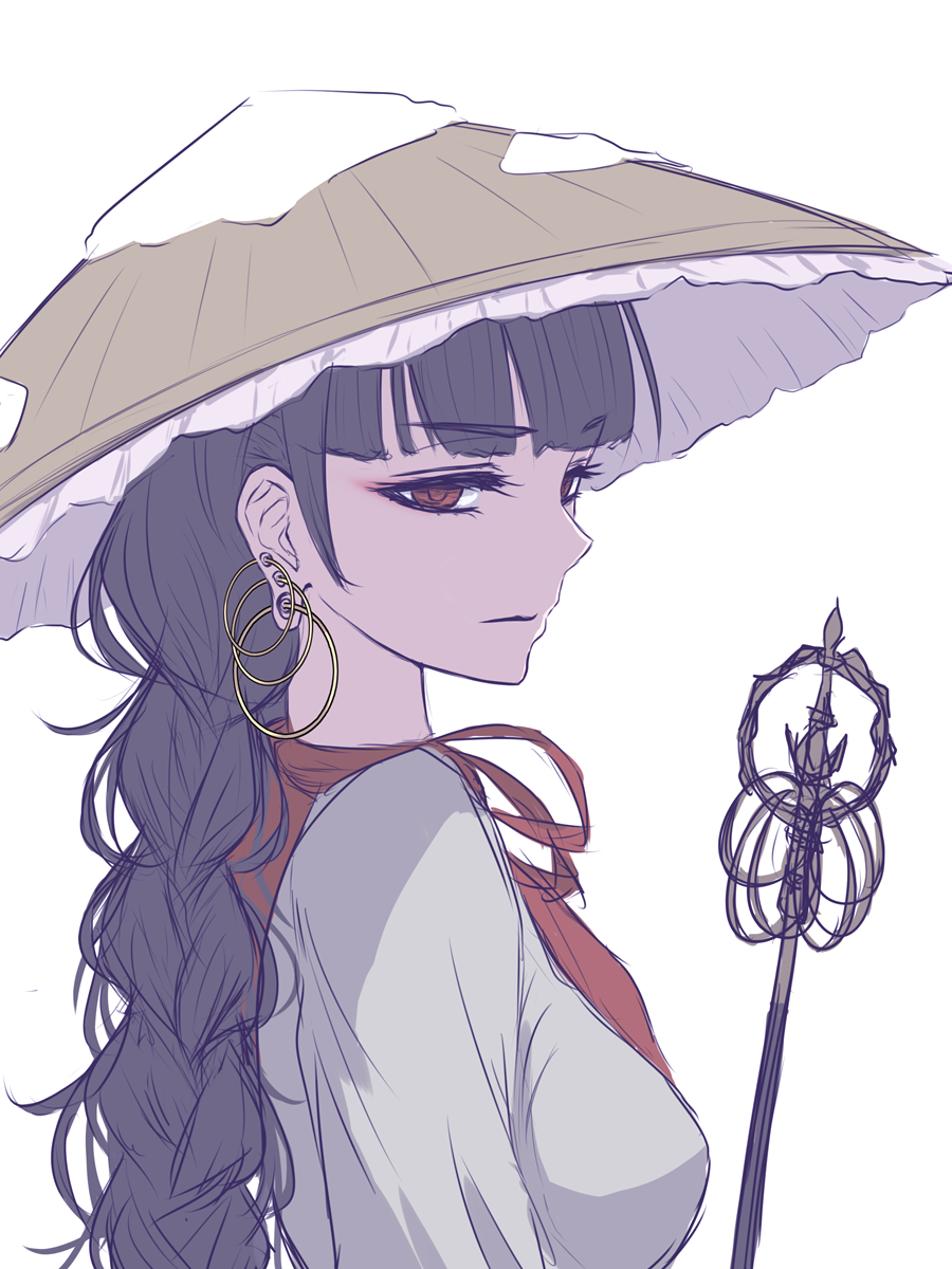 1girl, ajirogasa, alternate_hairstyle, bangs, black_hair, blunt_bangs, braid, capelet