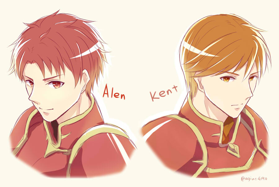 2boys, alen, armor, artist_name, beige_background, character_name, fire_emblem, fire_emblem:_fuuin_no_tsurugi, fire_emblem:_rekka_no_ken, kent_(fire_emblem), male_focus, multiple_boys, orange_eyes, orange_hair, portrait, red_eyes, redhead, simple_background