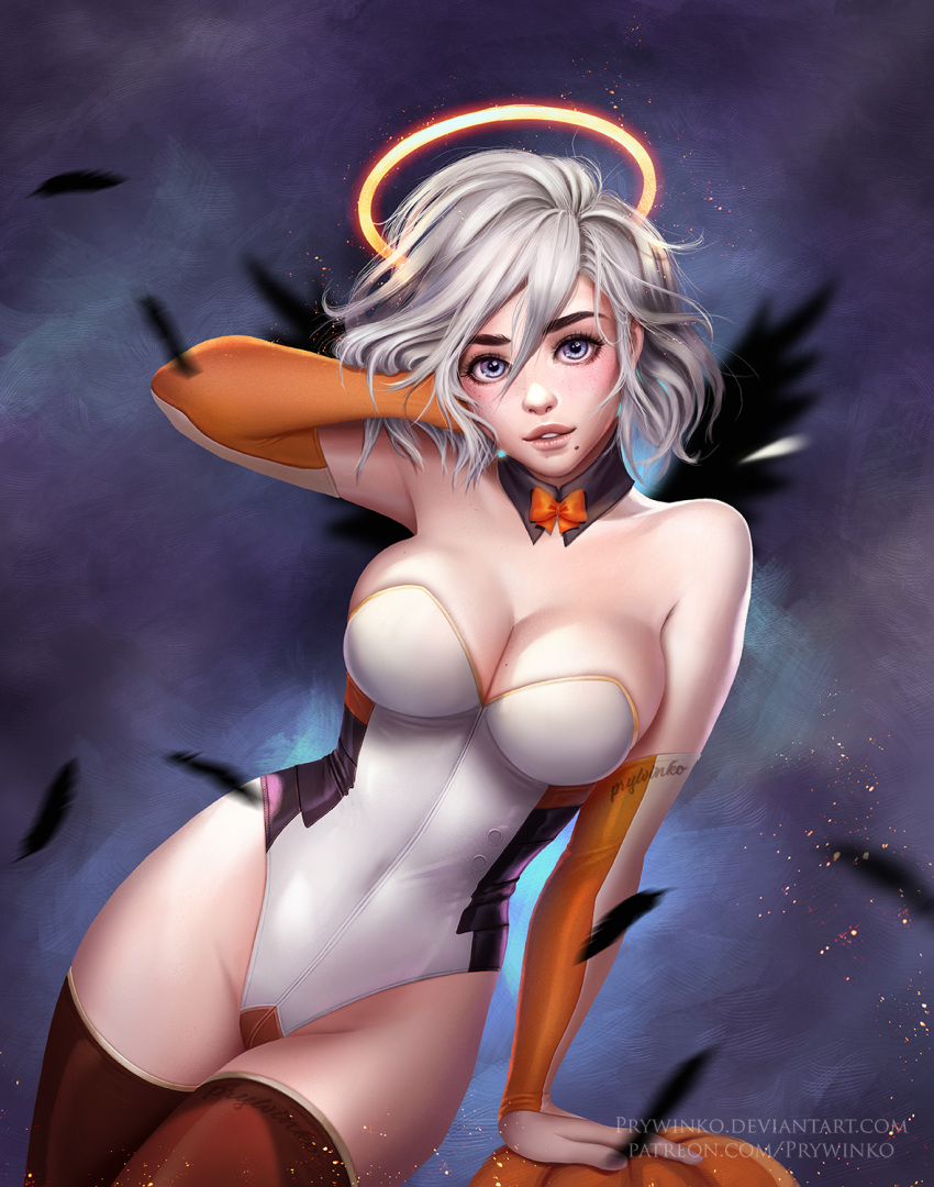 1girl, adapted_costume, arm_support, arm_up, armpits, artist_name, bare_shoulders, black_wings