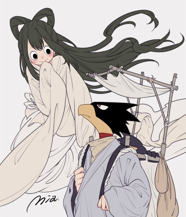 1boy, 1girl, :>, animal_head, asui_tsuyu, bird, black_eyes, black_hair