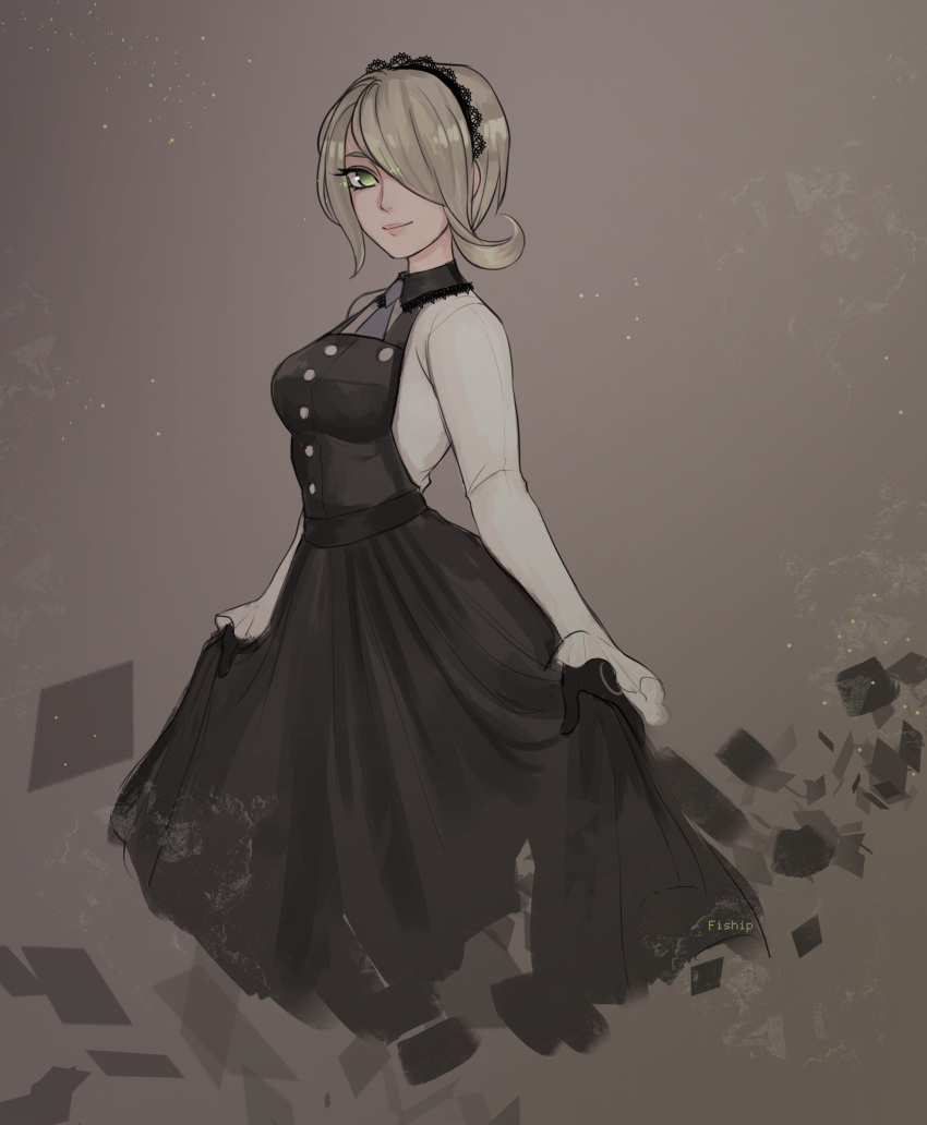 1girl, absurdres, black_dress, blonde_hair, blue_neckwear, closed_mouth, commentary, dangan_ronpa