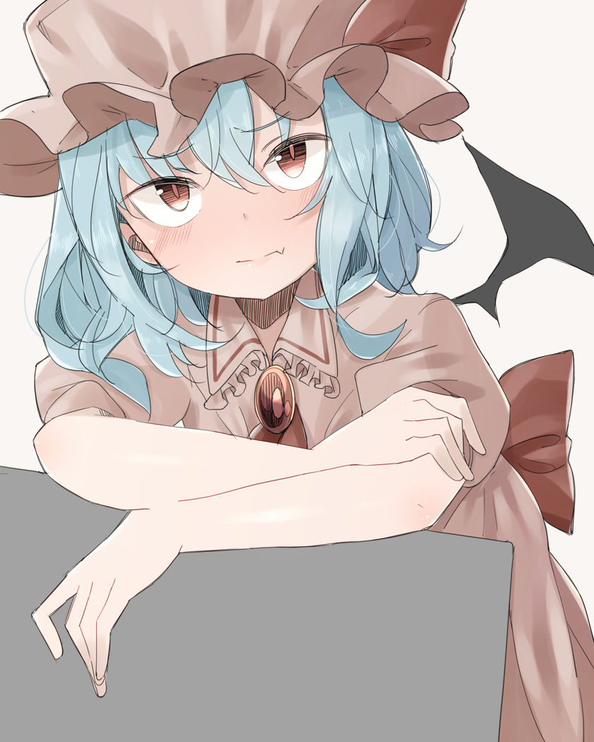 1girl, bat_wings, blue_hair, blush, closed_mouth, fang, hat, looking_at_viewer