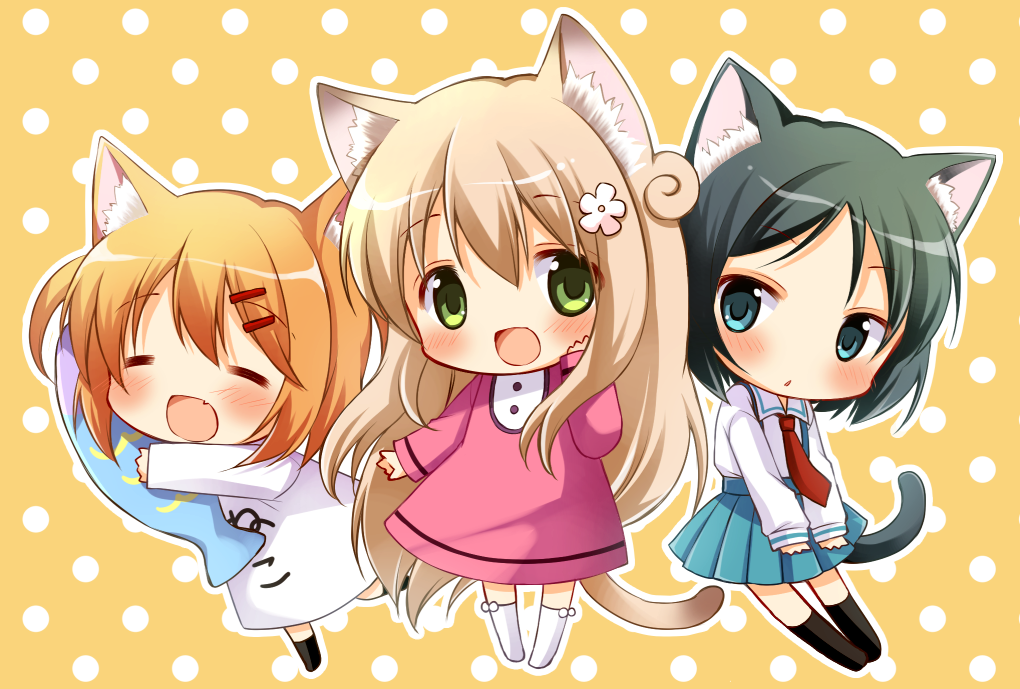 3girls, :d, ^_^, ^o^, animal_ears, black_hair, blue_eyes, cat_ears