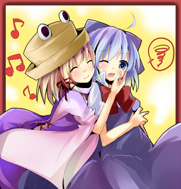 bad_id, blush, cheek_pinch, cheek_pinching, cirno, hat, moriya_suwako, multiple_girls, musical_note, pinching, touhou, wink, yuitadesuyo_(pixiv)