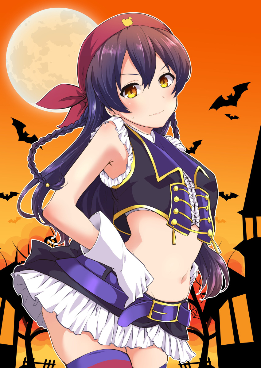 1girl, absurdres, bandanna, bangs, bat, belt, blue_belt, blue_hair
