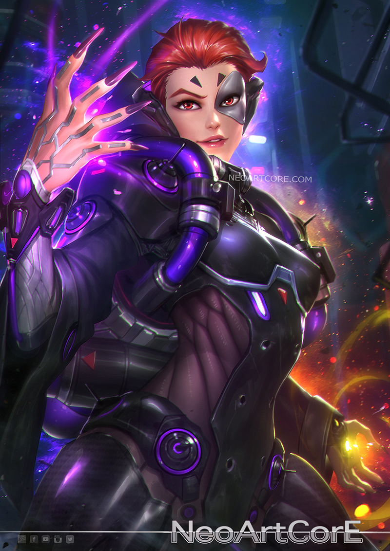 1girl, artist_name, aura, breasts, energy, facial_mark, looking_at_viewer, moira_(overwatch)