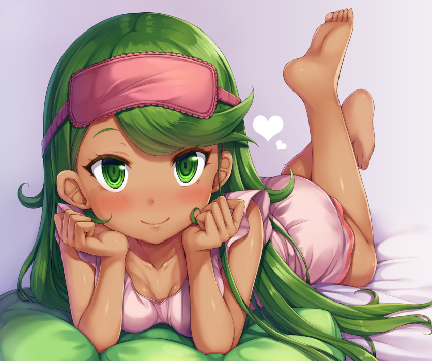 1girl, arm_support, barefoot, blush, breasts, dark_skin, feet, green_eyes