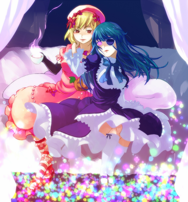 bad_id, blonde_hair, blue_hair, bow, brown_eyes, cup, dress, eyepatch