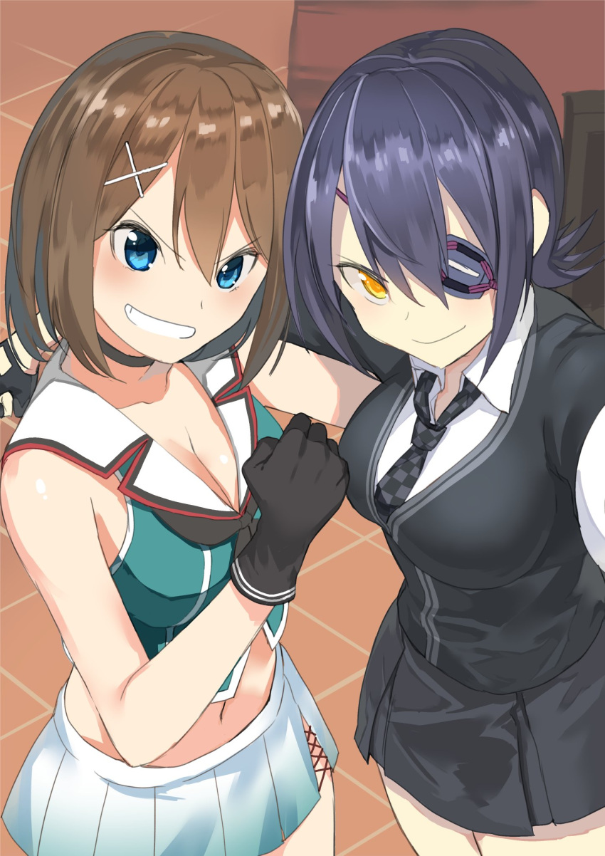 >:), 2girls, black_cardigan, black_gloves, black_neckwear, black_skirt, blue_eyes, breasts