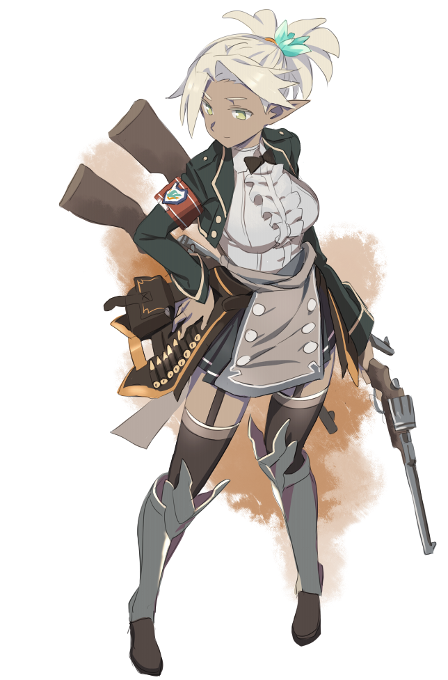 1girl, ammunition, armband, blonde_hair, bow, bowtie, dark_elf, dark_skin