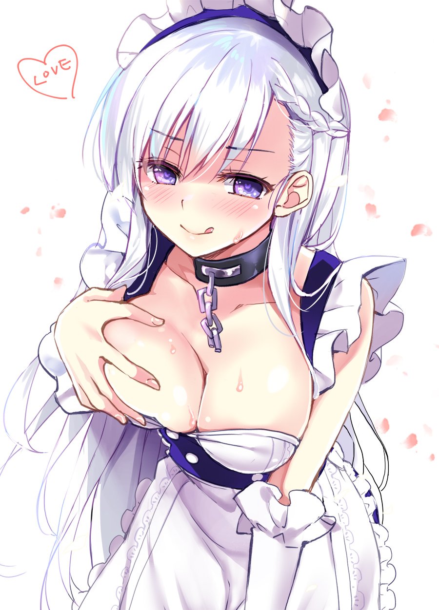 1girl, :q, apron, azur_lane, bangs, bare_shoulders, belfast_(azur_lane), blush