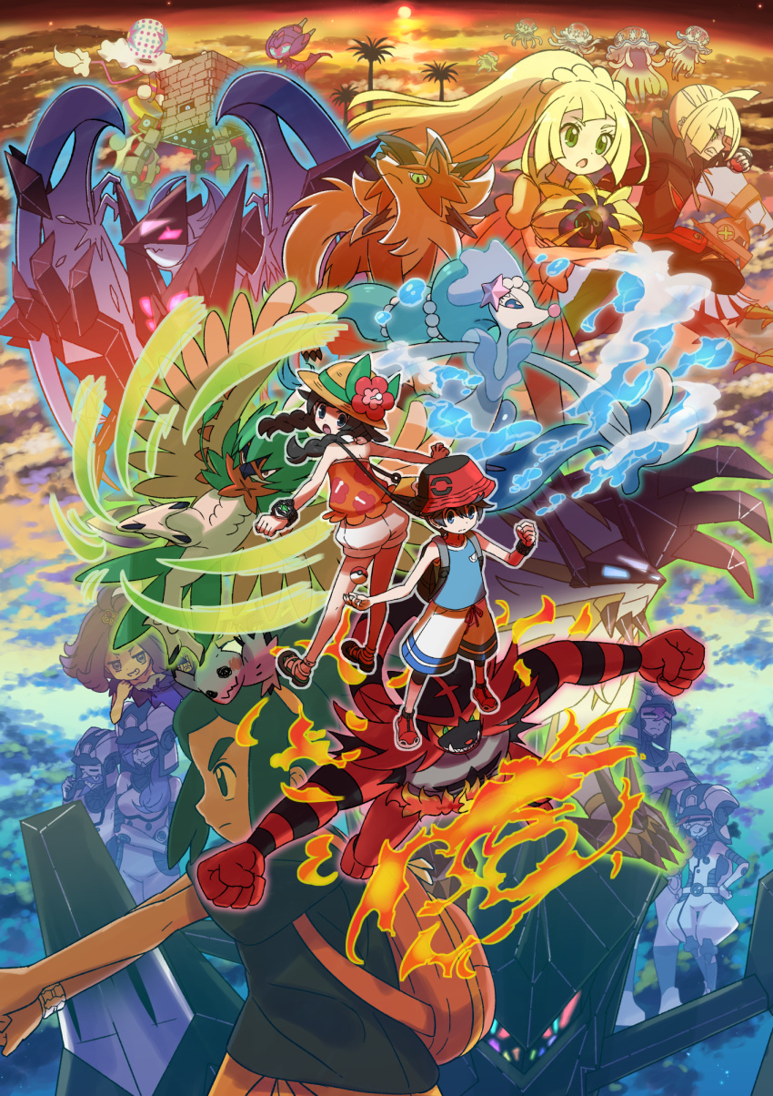 acerola_(pokemon), alolan_exeggutor, clouds, cloudy_sky, cosmog, decidueye, gladio_(pokemon), hau_(pokemon)