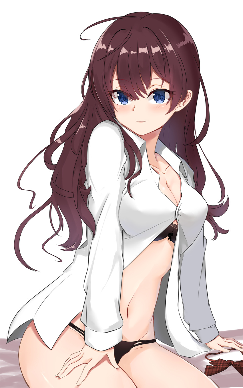 1girl, absurdres, black_bra, black_panties, blue_eyes, blush, bow, bowtie_removed