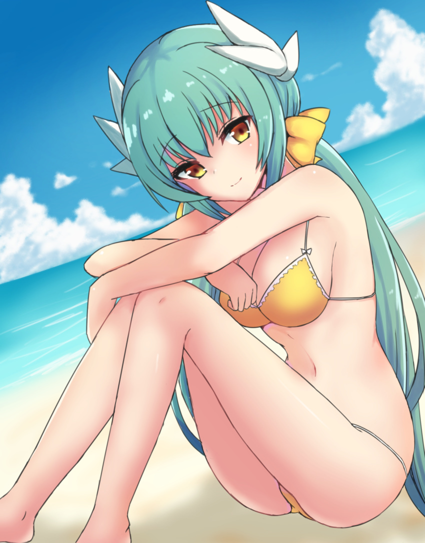 000_(jicasoe), barefoot, beach, bikini, blue_sky, breasts, clouds, dutch_angle