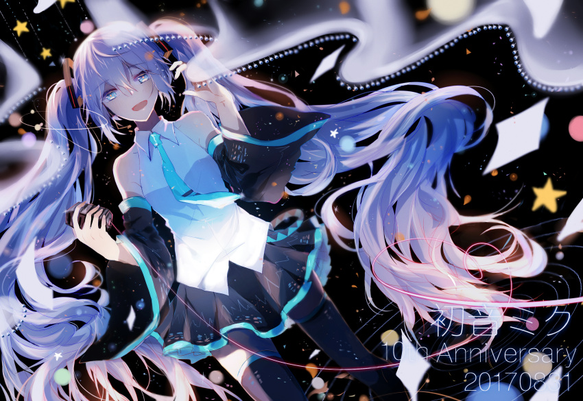 1girl, 2017, :d, backlighting, black_legwear, black_skirt, blue_eyes, blue_hair