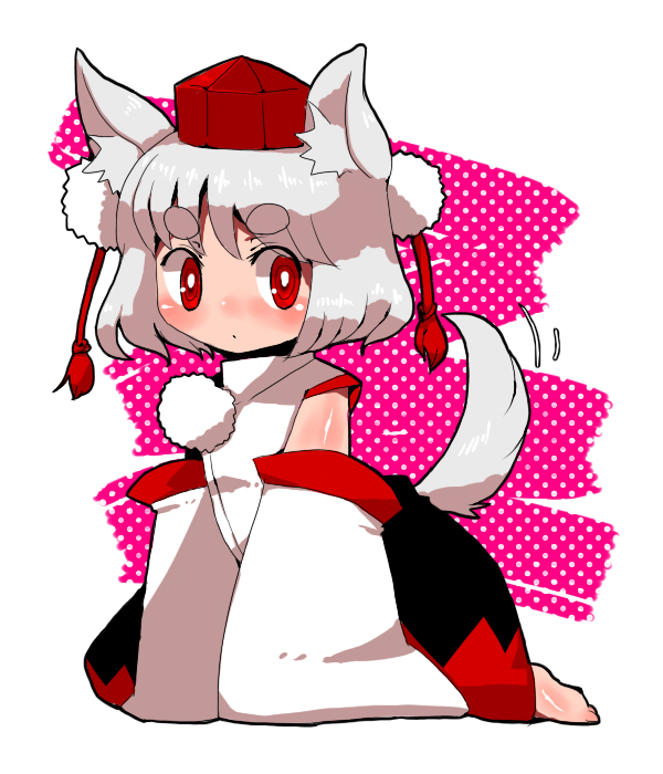 bad_id, barefoot, blush, chibi, detached_sleeves, hat, inubashiri_momiji, red_eyes, short_hair, tail, tokin_hat, touhou, white_hair, wolf_ears, wolf_tail, yuto_mochi