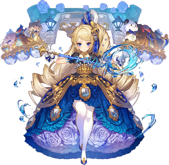 1girl, artist_request, bangs, bird, blonde_hair, blue_dress, blue_eyes, blue_footwear, bow, bowtie, dress, drill_hair, drum, elephant, full_body, hair_ornament, high_heels, holding, holding_staff, instrument, long_hair, looking_at_viewer, music, official_art, oshiro_project, oshiro_project_re, panda, pantyhose, pheasant, playing_instrument, schloss_schonbrunn_(oshiro_project), short_sleeves, solo, staff, swept_bangs, trumpet, turkey, twin_drills, very_long_hair, white_legwear