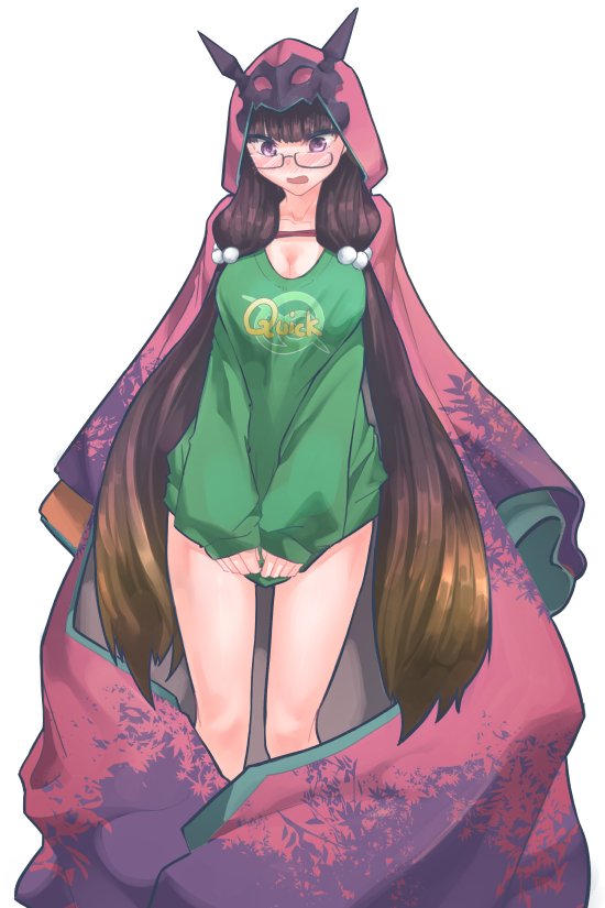 1girl, arka91, black_hair, blush, bottomless, breasts, brown_hair, buster_shirt