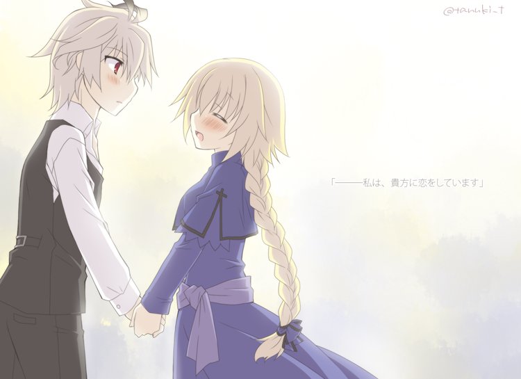 1boy, 1girl, ahoge, bangs, black_pants, blonde_hair, blush, braid, capelet, closed_eyes, commentary, couple, dress, eyebrows_visible_through_hair, fate/apocrypha, fate/grand_order, fate_(series), from_side, hair_ornament, hand_holding, hetero, long_braid, long_hair, long_sleeves, looking_at_another, pants, purple_dress, purple_ribbon, red_eyes, ribbon, ruler_(fate/apocrypha), shirt, short_hair, sieg_(fate/apocrypha), silver_hair, single_braid, tadano_tanuki, translation_request, very_long_hair, waistcoat, white_shirt