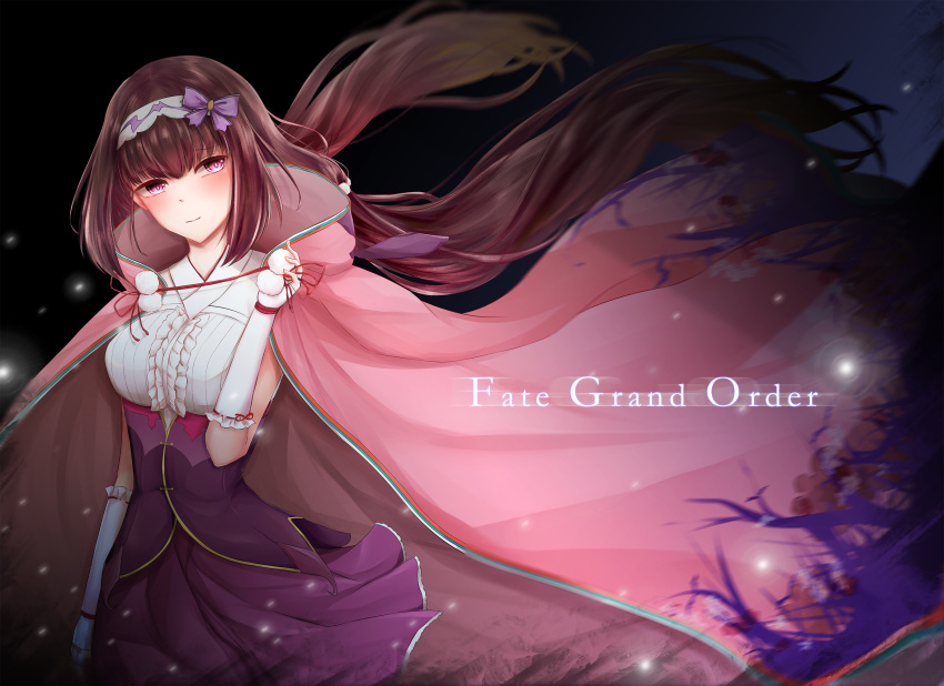 1girl, arm_warmers, blush, breasts, brown_hair, cloak, copyright_name, fate/grand_order