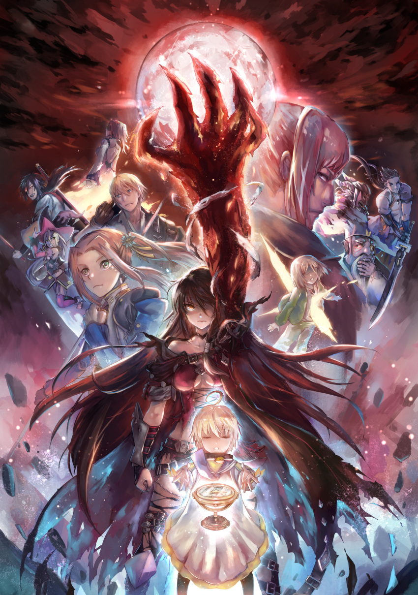 >:(, 4girls, 6+boys, ahoge, arm_up, bangs, breasts, cape