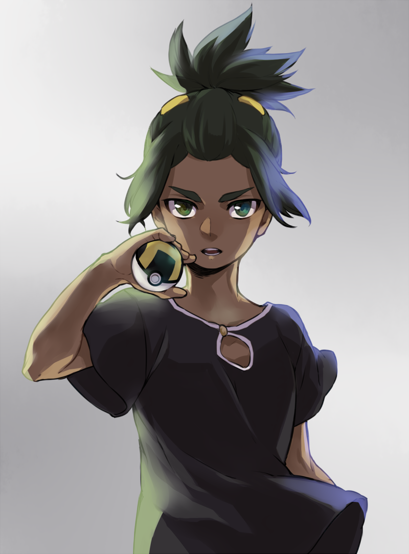 1boy, dark_skin, dark_skinned_male, green_eyes, green_hair, hau_(pokemon), mocollie, multiple_boys, open_mouth, poke_ball, pokemon, pokemon_(game), pokemon_sm, shirt, short_hair, short_ponytail, solo