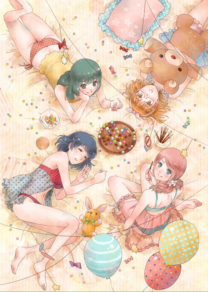 4girls, aqua_bra, aqua_eyes, aqua_panties, arm_support, babydoll, balloon, barefoot