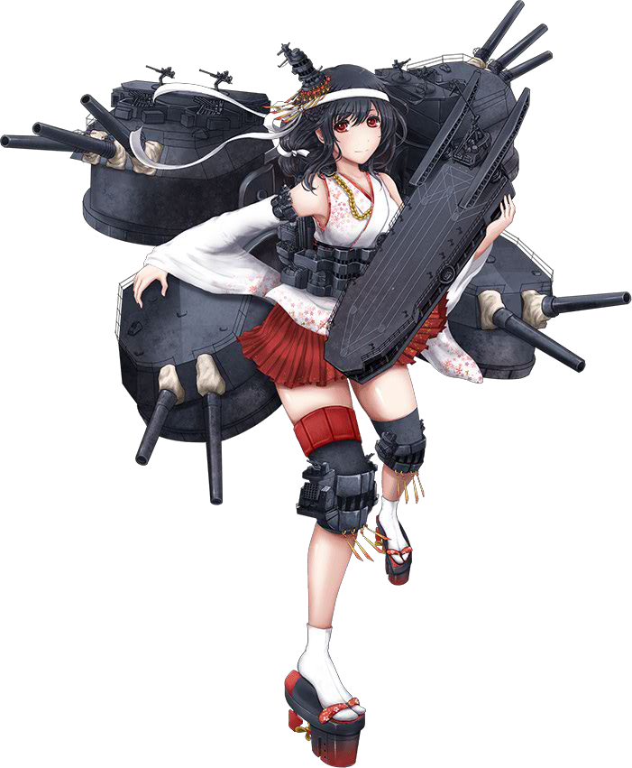 1girl, black_hair, cannons, closed_mouth, detached_sleeves, flight_deck, floral_print, full_body