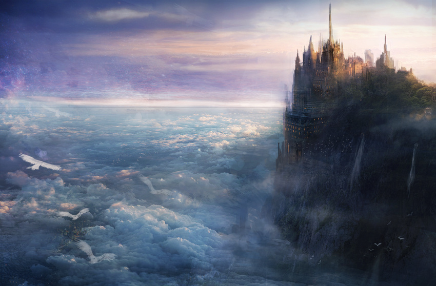 bird, castle, city, cliff, clouds, fantasy, horizon, kagumanikusu