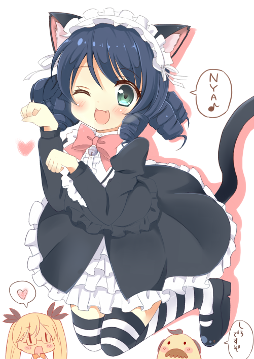 1boy, 2girls, :3, :d, animal_ears, bell, black_hair, black_ribbon