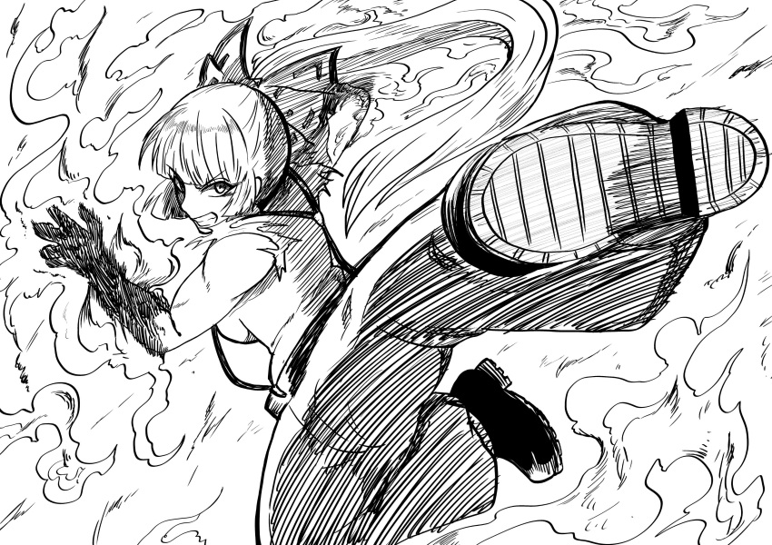 1girl, absurdres, bangs, blunt_bangs, boots, bow, burning_hand, clenched_teeth