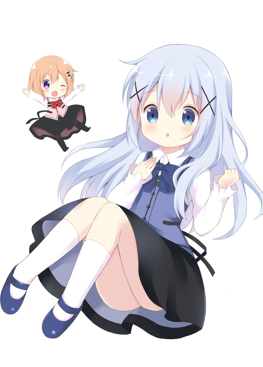 2girls, :o, ;d, absurdres, bangs, black_footwear, black_legwear, black_skirt