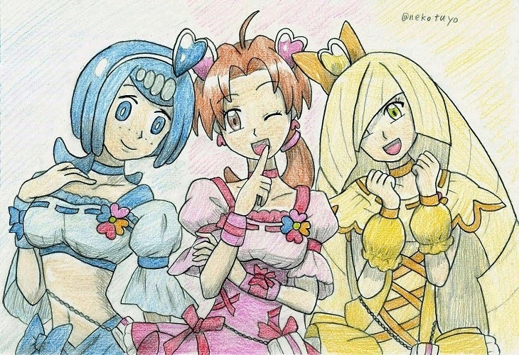 blonde_hair, blue_eyes, blue_hair, brown_eyes, brown_hair, colored_pencil_(medium), cosplay, cure_berry, cure_berry_(cosplay), cure_peach, cure_peach_(cosplay), cure_pine, cure_pine_(cosplay), fresh_precure!, graphite_(medium), green_eyes, hanako_(pokemon), lusamine_(pokemon), mature, milf, pokemon, pokemon_(anime), pokemon_(game), pokemon_sm, pokemon_sm_(anime), precure, suiren's_mother_(pokemon), traditional_media