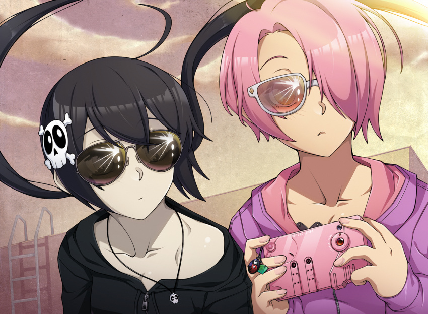2girls, amika_heartome, aviator_sunglasses, black_hair, breasts, casual, cellphone, commentary