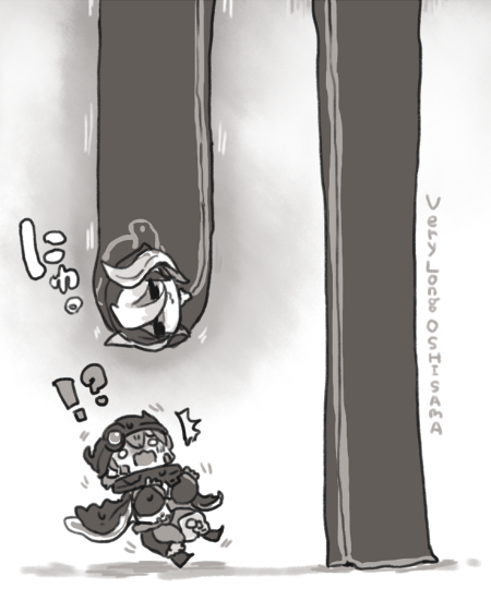!?, /\/\/\, 1boy, 1girl, cape, english, eye_contact, gloves, greyscale, helmet, jitome, looking_at_another, looking_down, looking_up, made_in_abyss, monochrome, negi_(kyouki-beya), ozen, pants, regu_(made_in_abyss), standing, surprised
